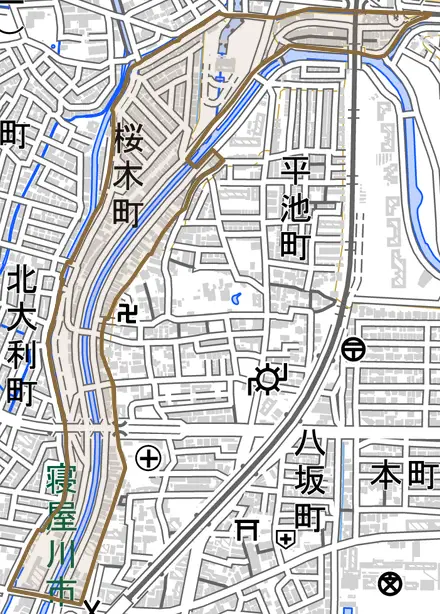 桜木町とその周辺の地図。町の範囲を重ねている