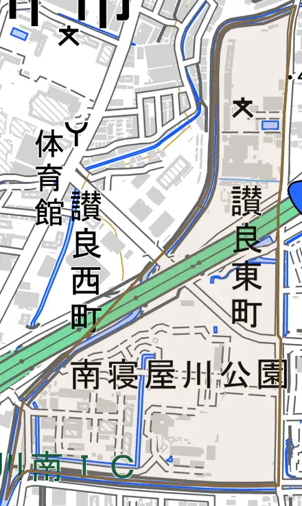 讃良東町とその周辺の地図。町の範囲を重ねている