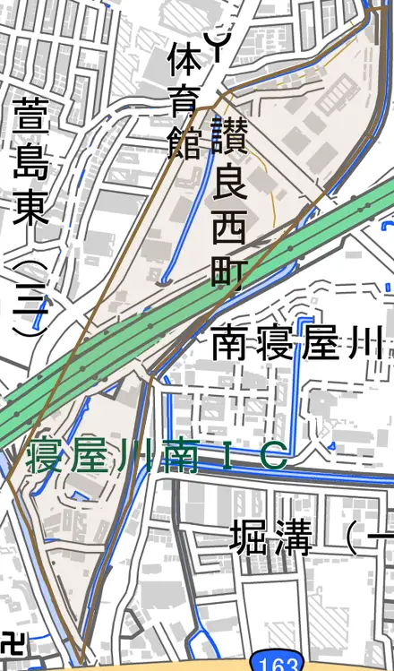 讃良西町とその周辺の地図。町の範囲を重ねている