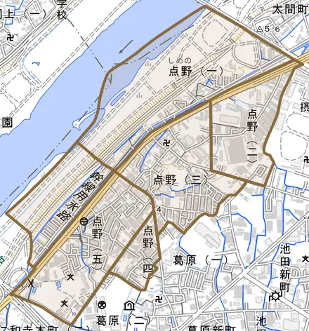 点野とその周辺の地図。町の範囲を重ねている