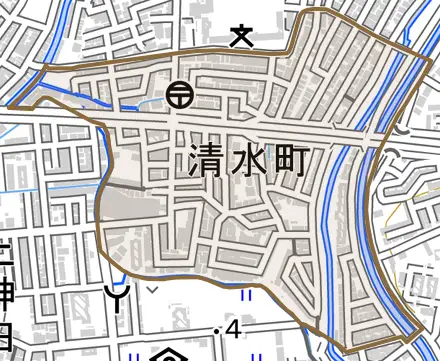 清水町とその周辺の地図。町の範囲を重ねている