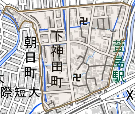 下神田町とその周辺の地図。町の範囲を重ねている