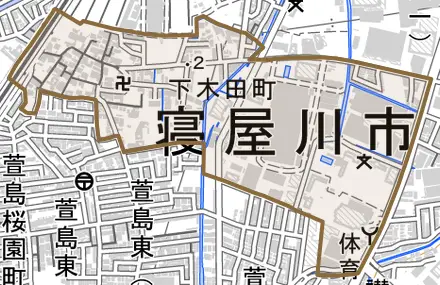 下木田町とその周辺の地図。町の範囲を重ねている