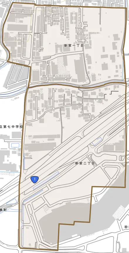 新家とその周辺の地図。町の範囲を重ねている