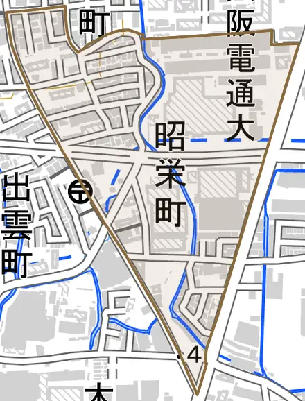 昭栄町とその周辺の地図。町の範囲を重ねている