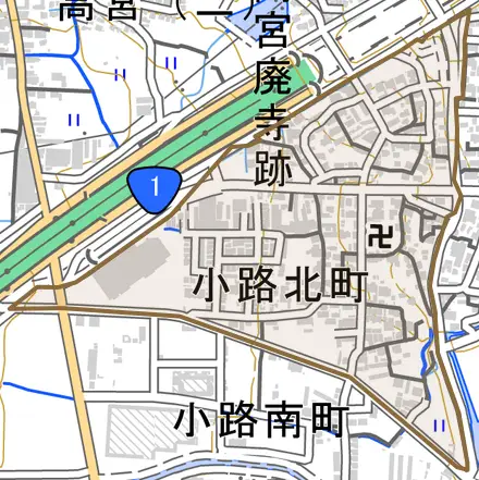小路北町とその周辺の地図。町の範囲を重ねている