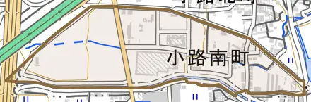 小路南町とその周辺の地図。町の範囲を重ねている