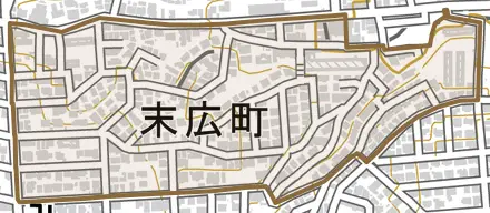 末広町とその周辺の地図。町の範囲を重ねている