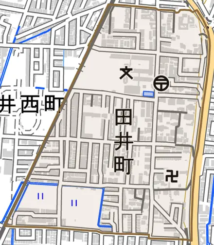 田井町とその周辺の地図。町の範囲を重ねている