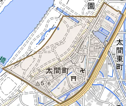 太間町とその周辺の地図。町の範囲を重ねている