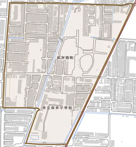 田井西町とその周辺の地図。町の範囲を重ねている