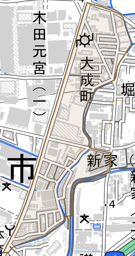 大成町とその周辺の地図。町の範囲を重ねている