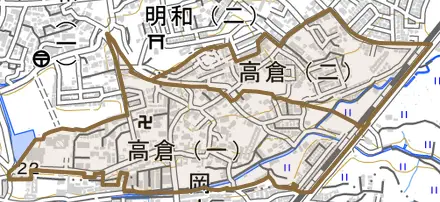 高倉とその周辺の地図。町の範囲を重ねている