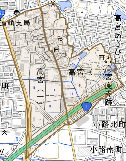 高宮とその周辺の地図。町の範囲を重ねている