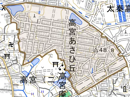 高宮あさひ丘とその周辺の地図。町の範囲を重ねている
