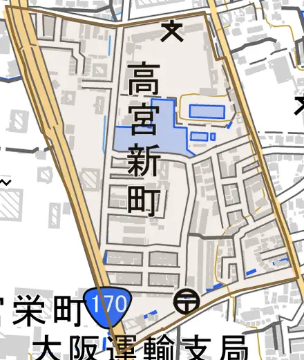 高宮新町とその周辺の地図。町の範囲を重ねている