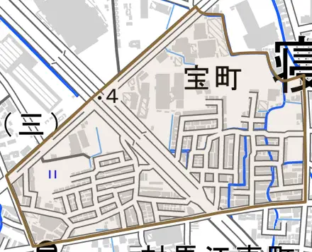 宝町とその周辺の地図。町の範囲を重ねている