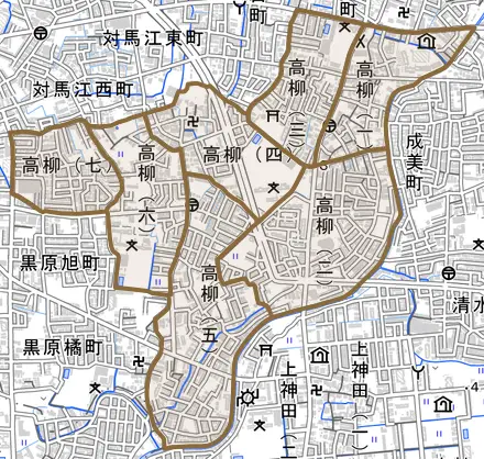 高柳とその周辺の地図。町の範囲を重ねている