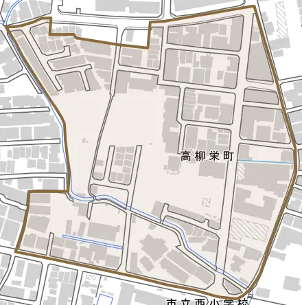 高柳栄町とその周辺の地図。町の範囲を重ねている
