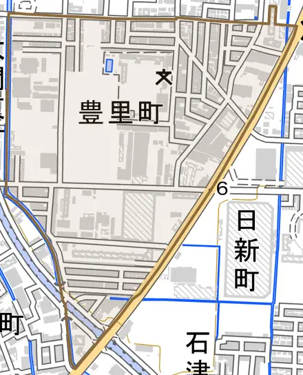 豊里町とその周辺の地図。町の範囲を重ねている
