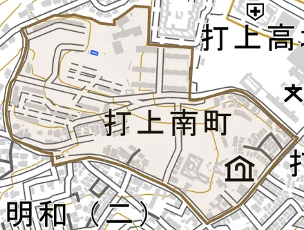打上南町とその周辺の地図。町の範囲を重ねている