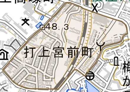 打上宮前町とその周辺の地図。町の範囲を重ねている