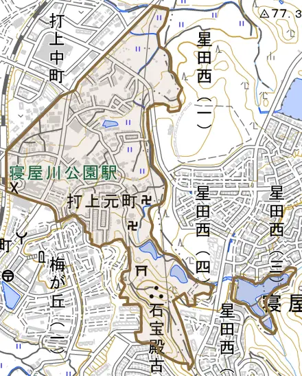 打上元町とその周辺の地図。町の範囲を重ねている