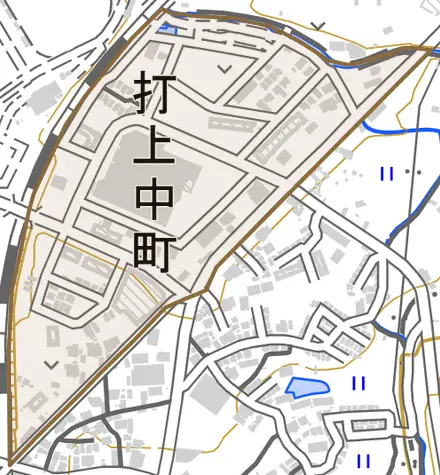 打上中町とその周辺の地図。町の範囲を重ねている