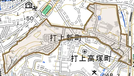打上新町とその周辺の地図。町の範囲を重ねている