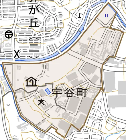 宇谷町とその周辺の地図。町の範囲を重ねている