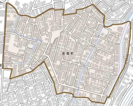 若葉町とその周辺の地図。町の範囲を重ねている