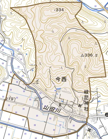 今西とその周辺の地図。町の範囲を重ねている