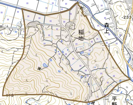 稲地とその周辺の地図。町の範囲を重ねている