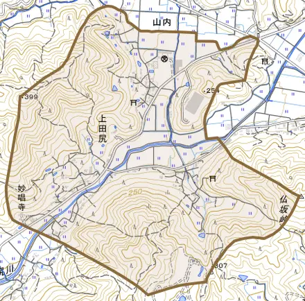 上田尻とその周辺の地図。町の範囲を重ねている