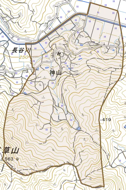 神山とその周辺の地図。町の範囲を重ねている