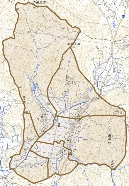 倉垣とその周辺の地図。町の範囲を重ねている