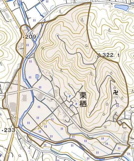 栗栖とその周辺の地図。町の範囲を重ねている