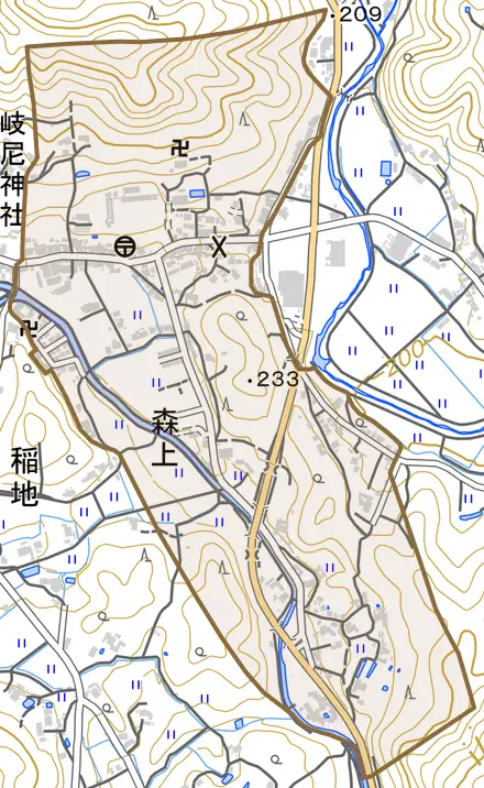 森上とその周辺の地図。町の範囲を重ねている