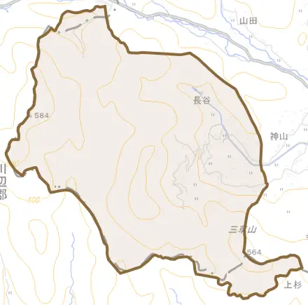 長谷とその周辺の地図。町の範囲を重ねている