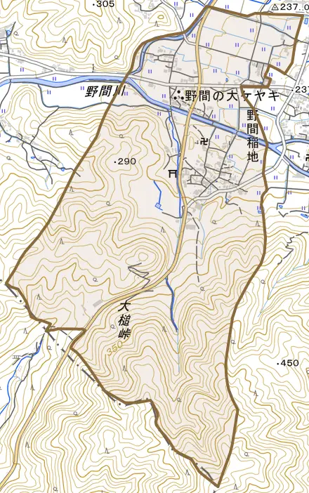 野間稲地とその周辺の地図。町の範囲を重ねている