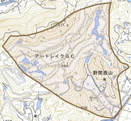 野間西山とその周辺の地図。町の範囲を重ねている