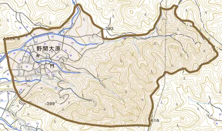 野間大原とその周辺の地図。町の範囲を重ねている