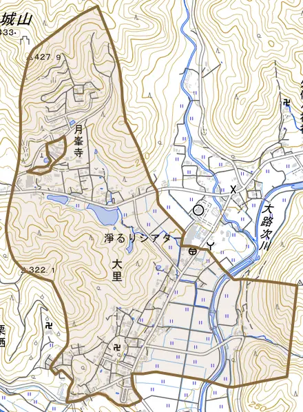 大里とその周辺の地図。町の範囲を重ねている