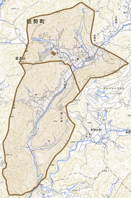 下田尻とその周辺の地図。町の範囲を重ねている