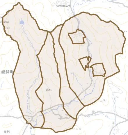 宿野とその周辺の地図。町の範囲を重ねている