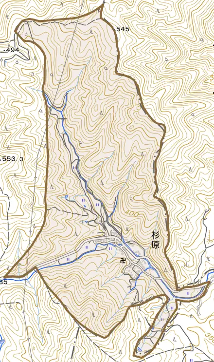 杉原とその周辺の地図。町の範囲を重ねている