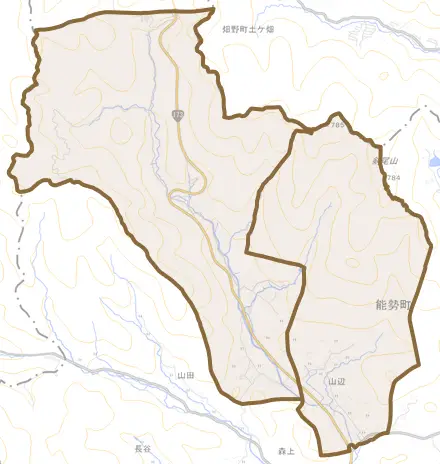 山辺とその周辺の地図。町の範囲を重ねている