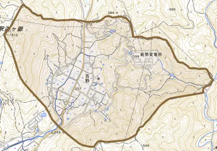 吉野とその周辺の地図。町の範囲を重ねている