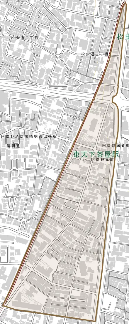 阿倍野元町とその周辺の地図。町の範囲を重ねている