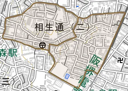 相生通とその周辺の地図。町の範囲を重ねている